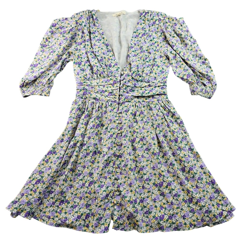 Et Clet Babydoll Mini Dress Womens Medium Multi Floral Puff‎ Sleeve Button Front